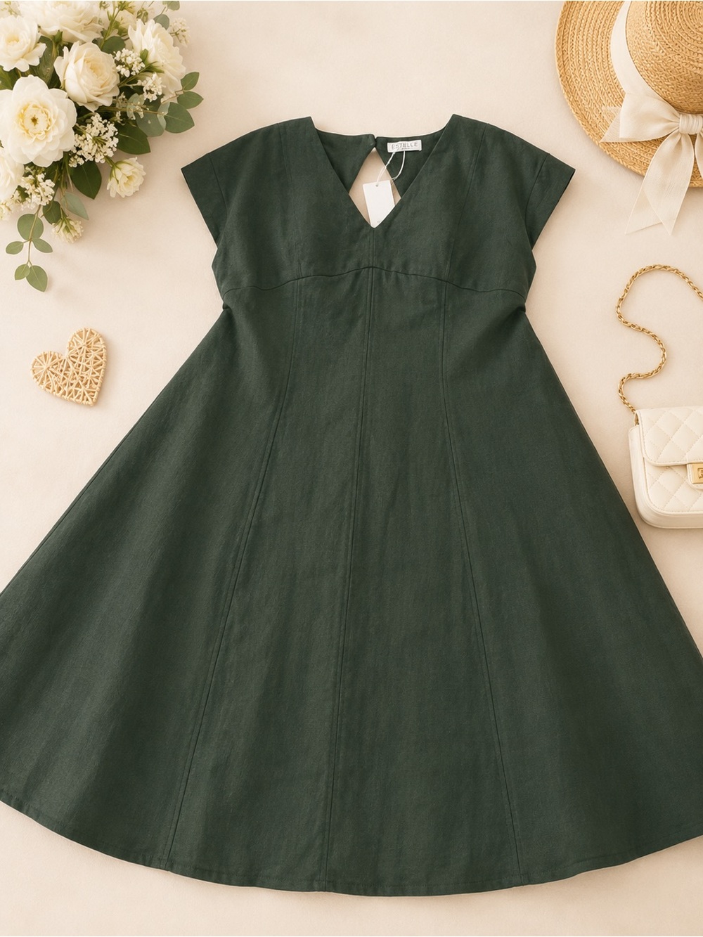 NWT Estelle Aubrey Olive Linen Blend V-Neck Maxi Dress Plus Size 2X